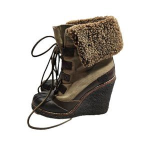 Tory Burch Fairfax Wedge Boots Olive Green Duck Toe Women's Size 7 Ankle